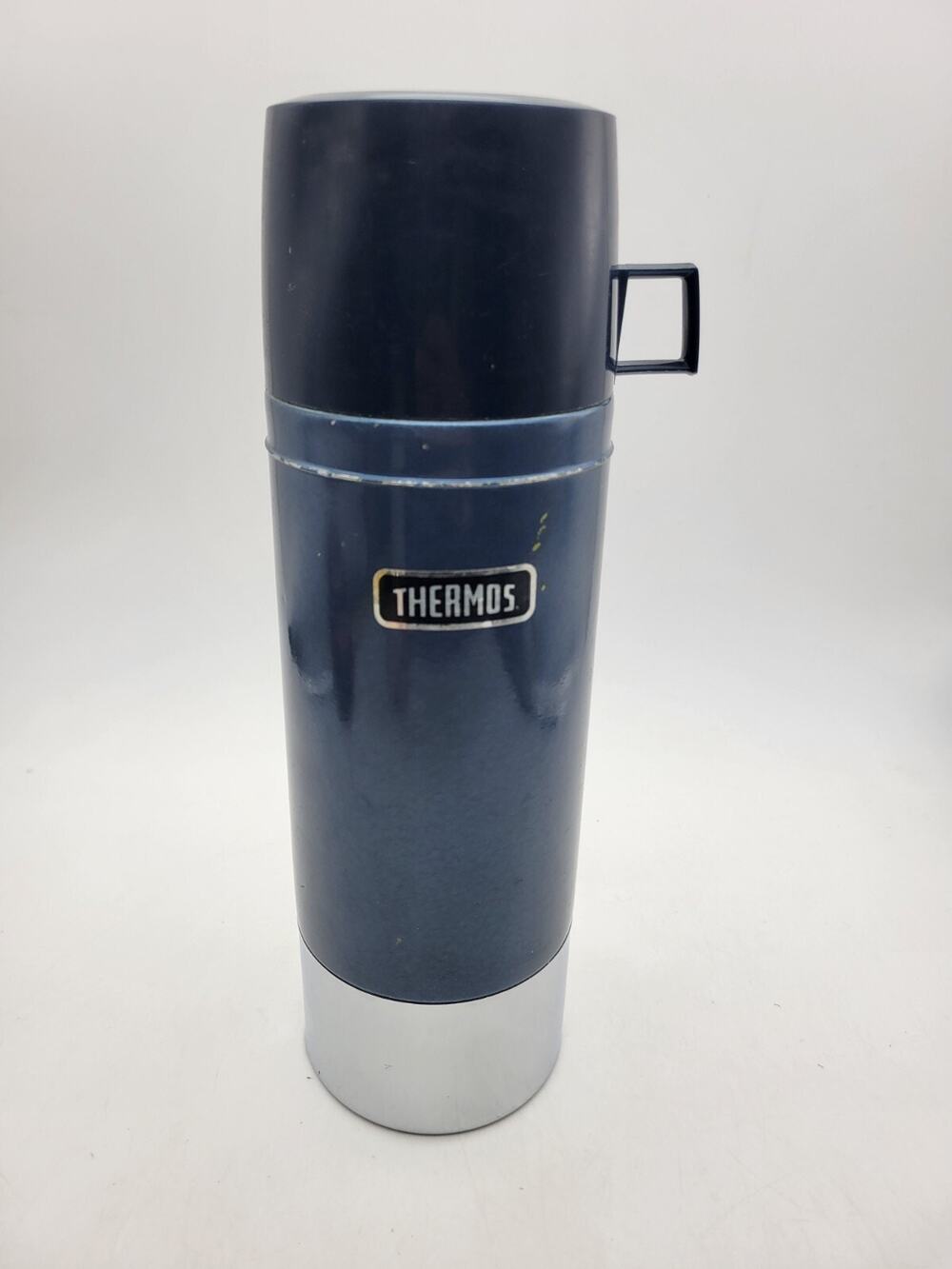 Vintage Thermos Vacuum Bottle Model 2480 King Seeley 1 Liter Blue Stainless
